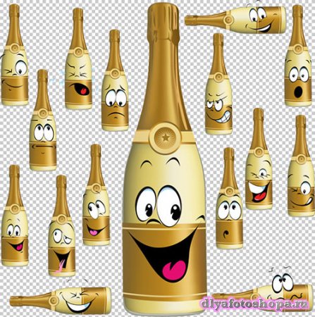 Клипарт -  Шампанское  с выражением эмоций (прозрачный фон)